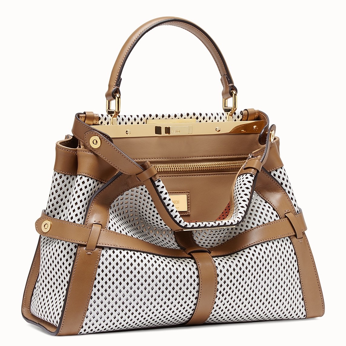 F**di peekaboo medium bag in white perforated calf leather