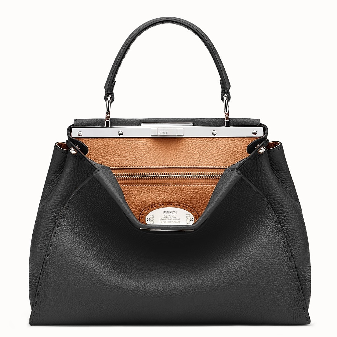 F**di selleria peekaboo medium bag in black roman leather