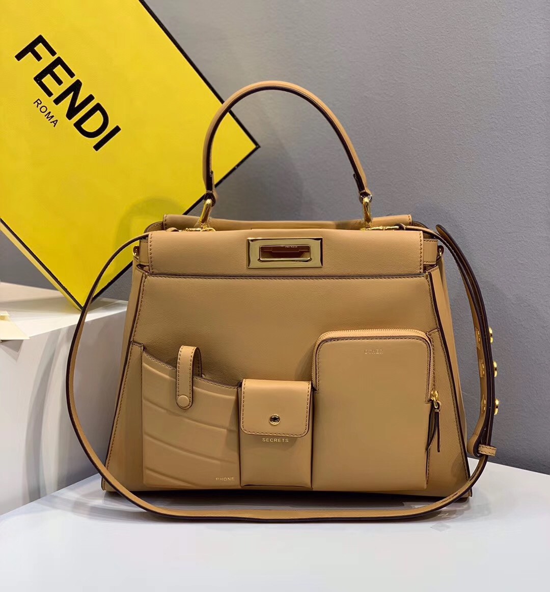 F**di peekaboo pocket medium bag in beige calfskin