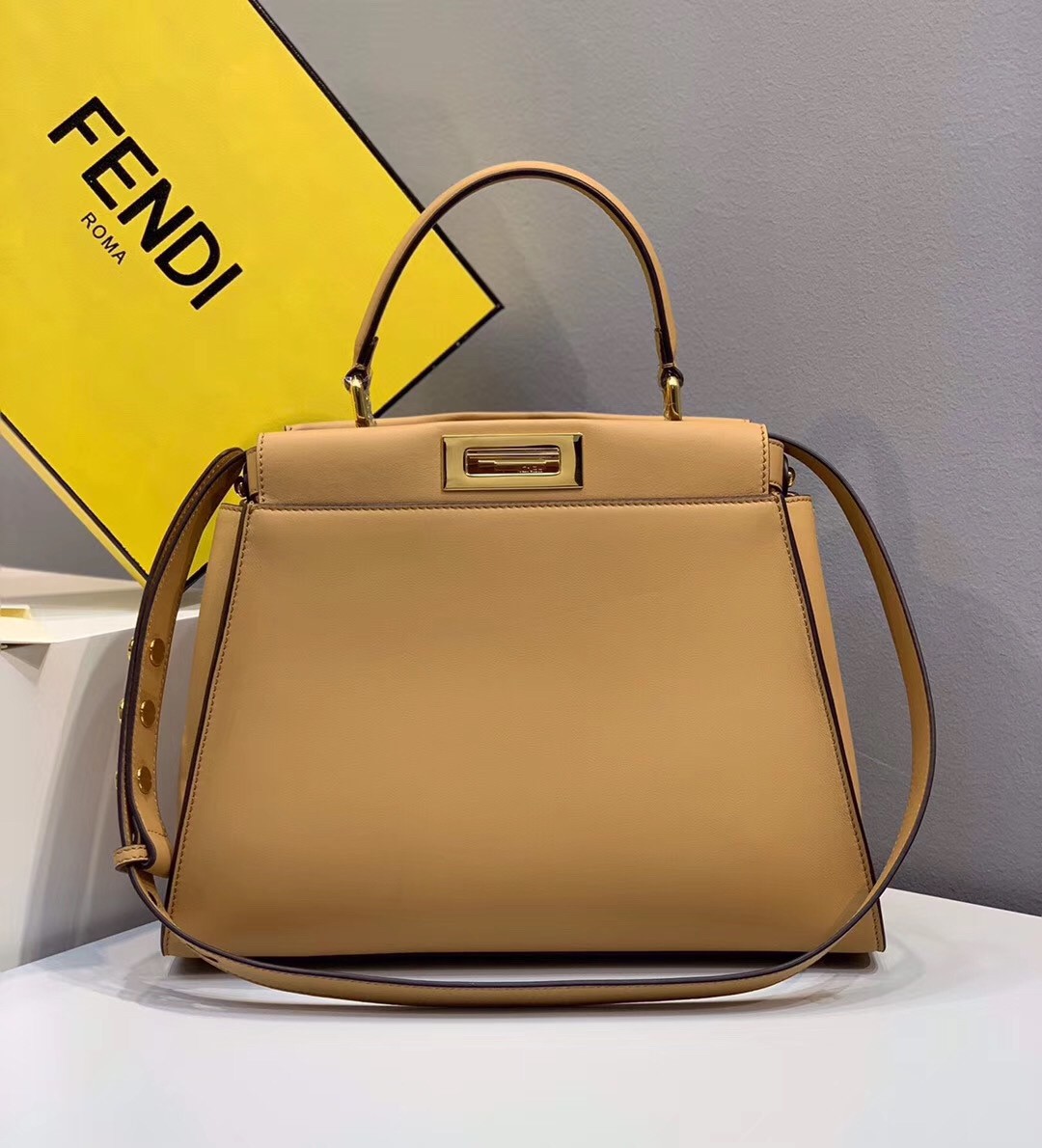 F**di peekaboo pocket medium bag in beige calfskin
