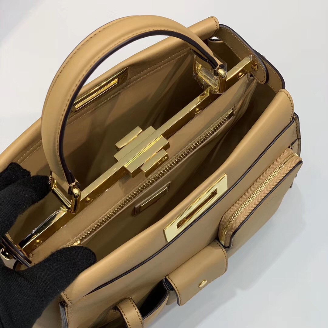 F**di peekaboo pocket medium bag in beige calfskin
