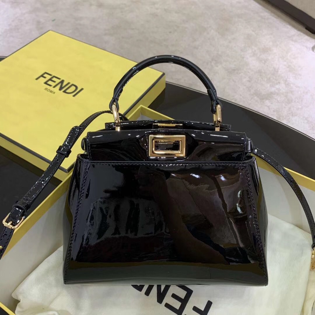 F**di peekaboo mini bag in black patent calfskin