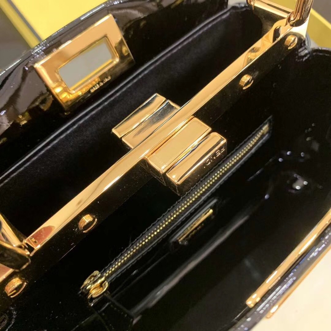 F**di peekaboo mini bag in black patent calfskin