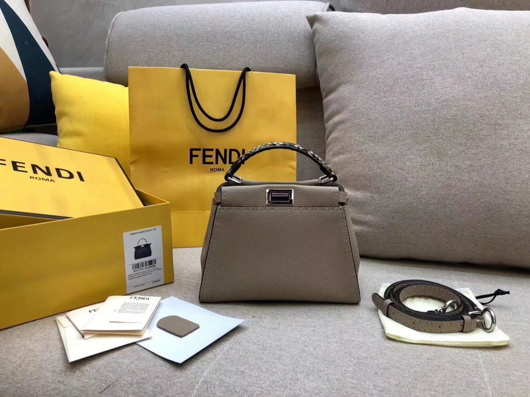 F**di peekaboo mini selleria grey bag with python leather handle
