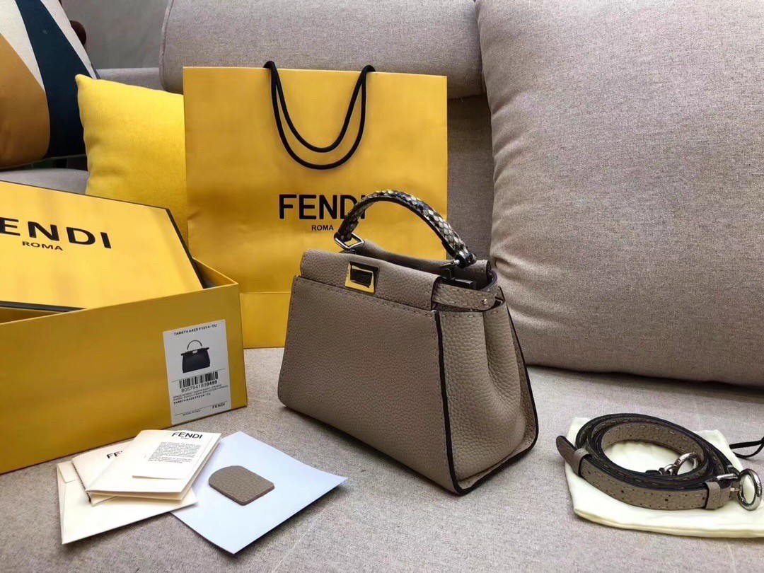 F**di peekaboo mini selleria grey bag with python leather handle