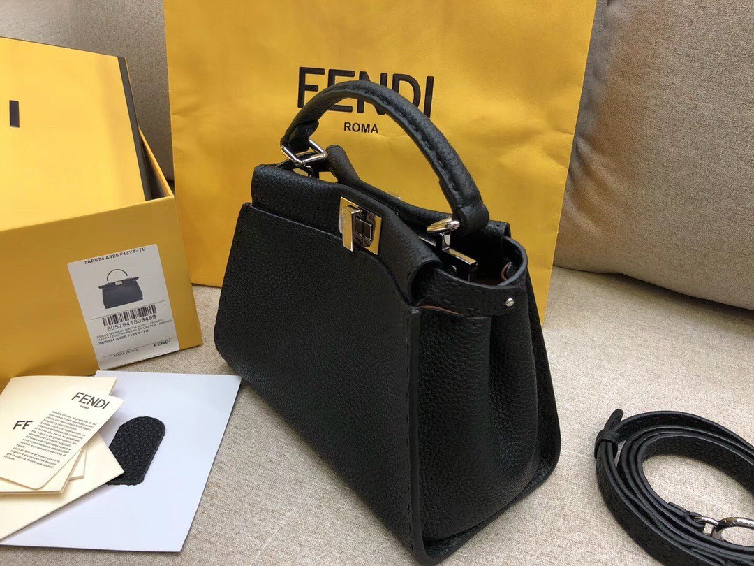 F**di peekaboo mini selleria bag in black cuoio romano leather