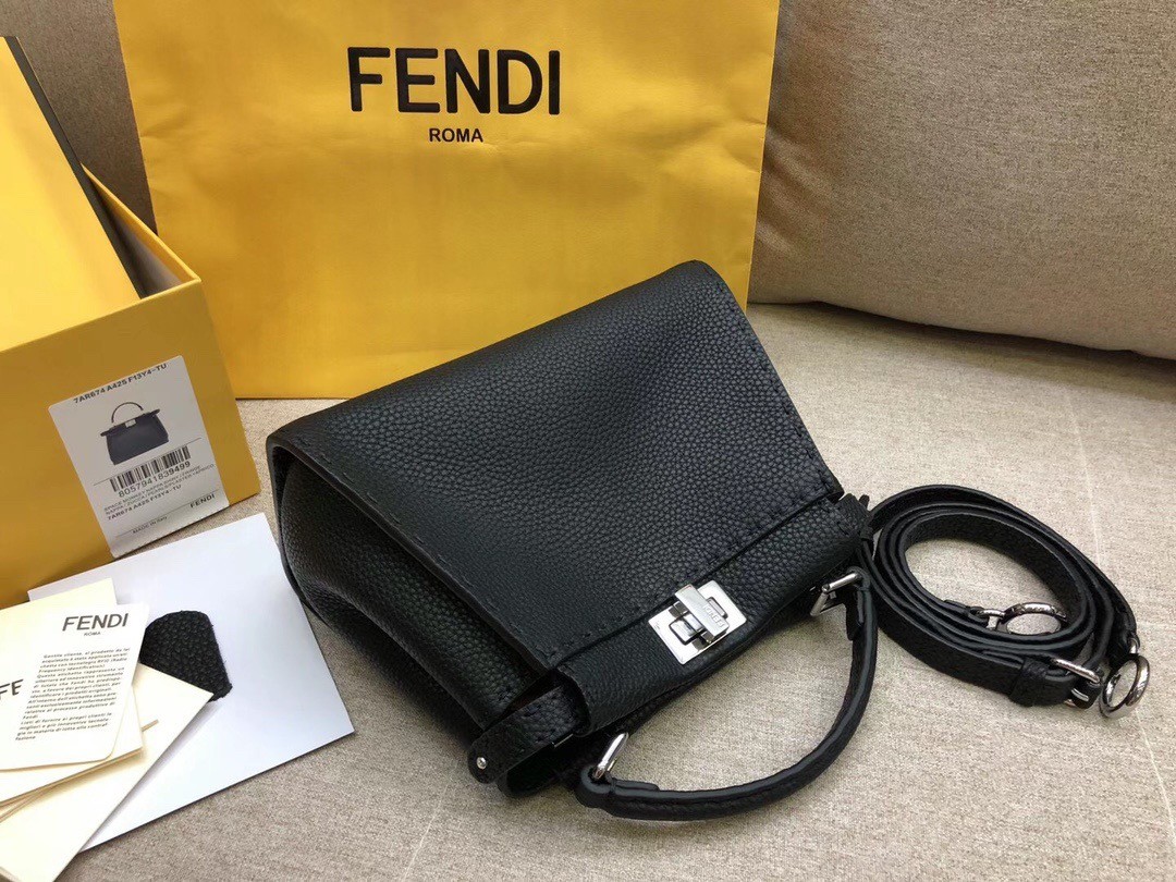 F**di peekaboo mini selleria bag in black cuoio romano leather