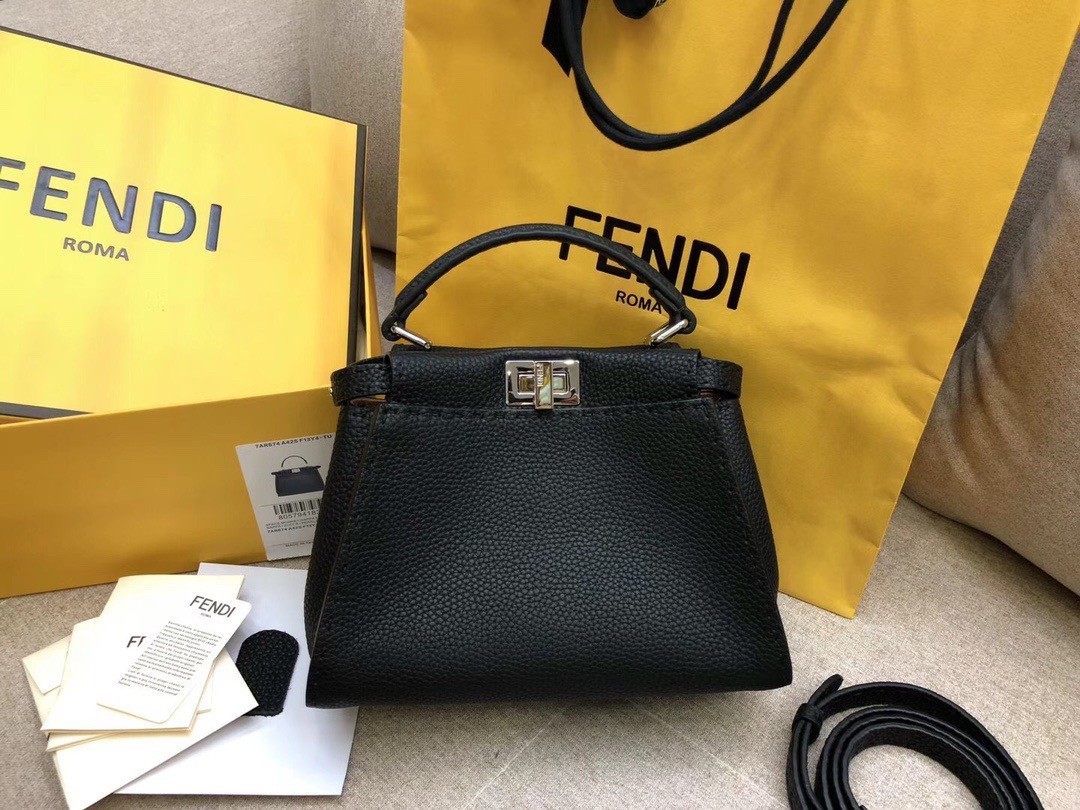 F**di peekaboo mini selleria bag in black cuoio romano leather