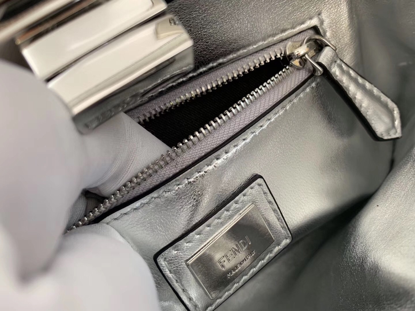 F**di peekaboo mini bag in silver lambskin with ff sequins