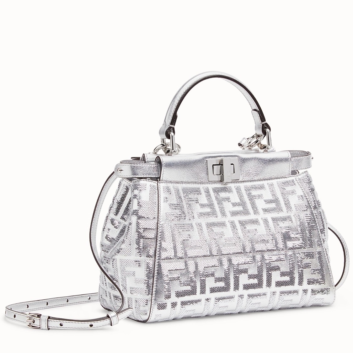F**di peekaboo mini bag in silver lambskin with ff sequins