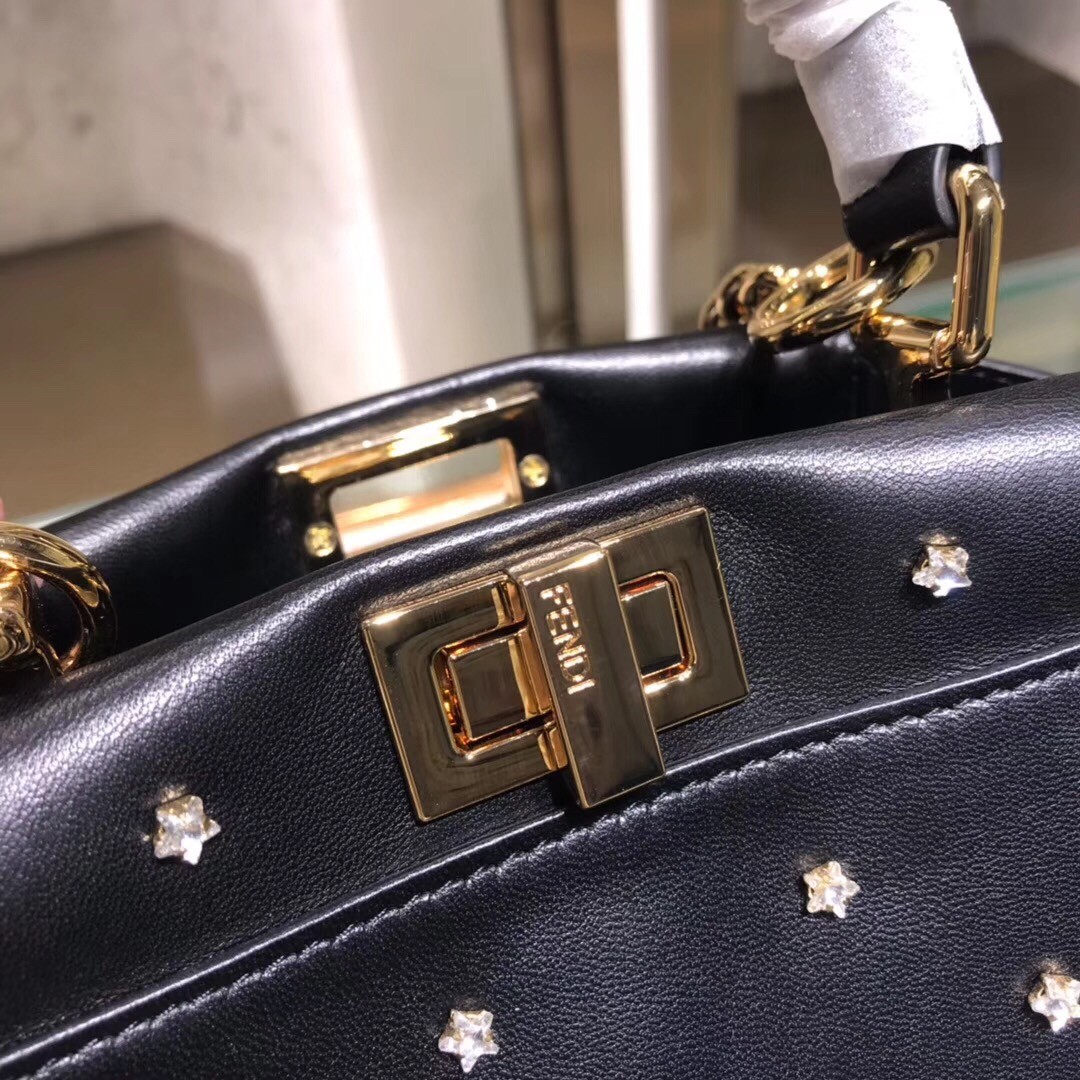 F**di peekaboo xs bag with star studs in black nappa leather