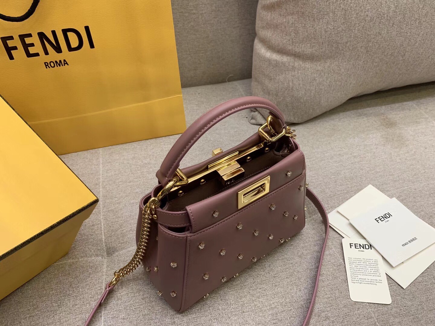 F**di peekaboo xs bag with star studs in black nappa leather