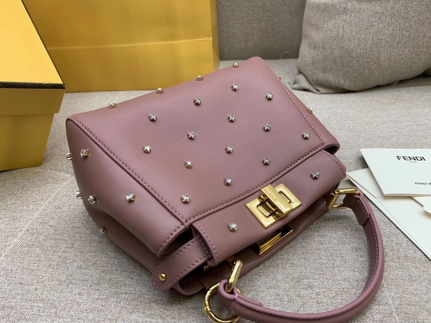 F**di peekaboo xs bag with star studs in black nappa leather