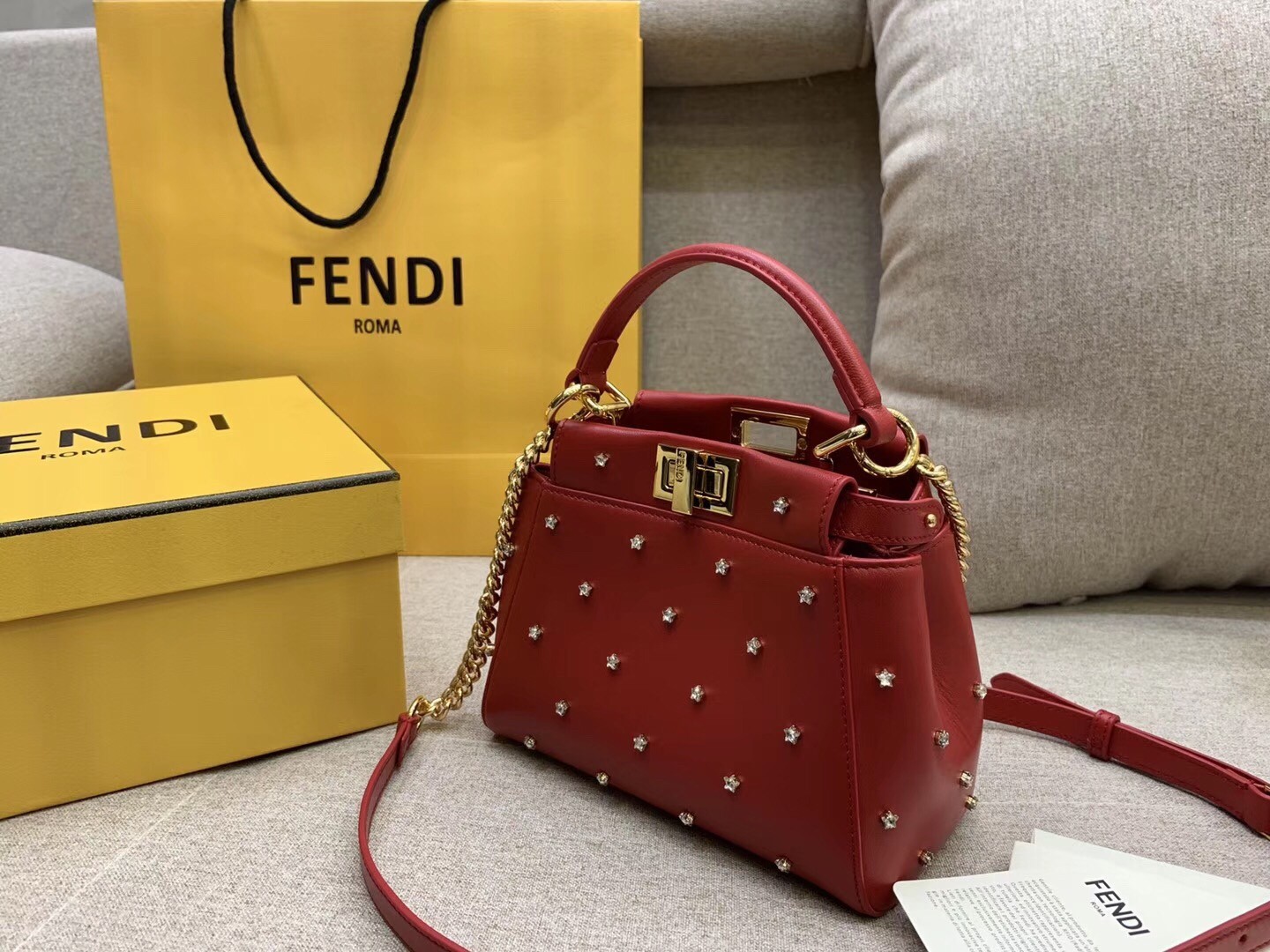 F**di peekaboo xs bag with star studs in red nappa leather