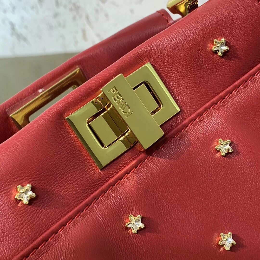 F**di peekaboo xs bag with star studs in red nappa leather