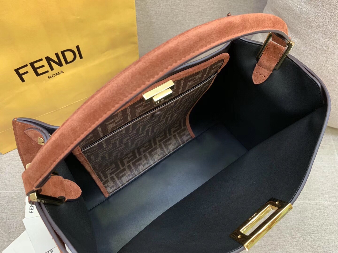 F**di brown peekaboo x lite large suede bag