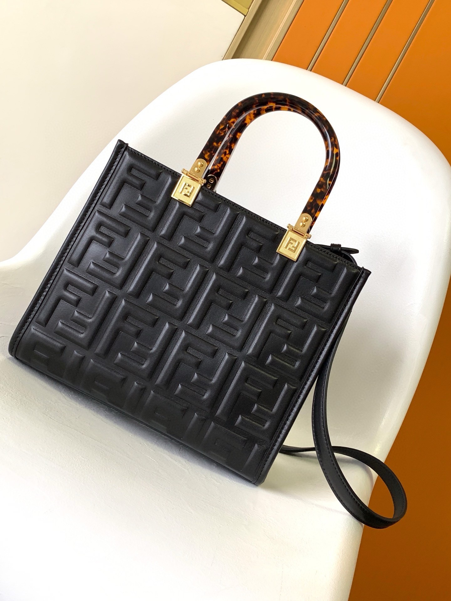 F**di sunshine small tote bag in black ff calfskin