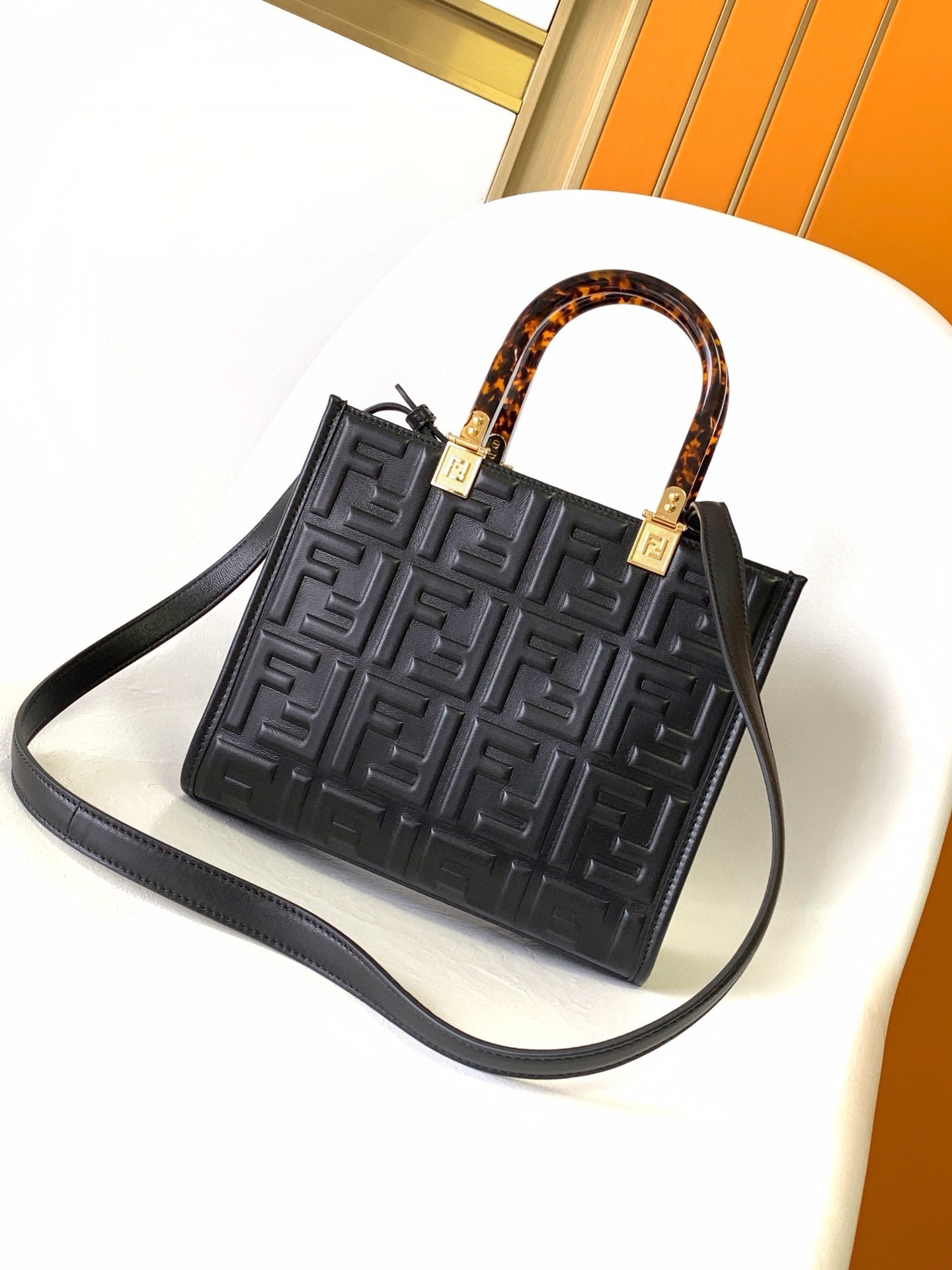 F**di sunshine small tote bag in black ff calfskin