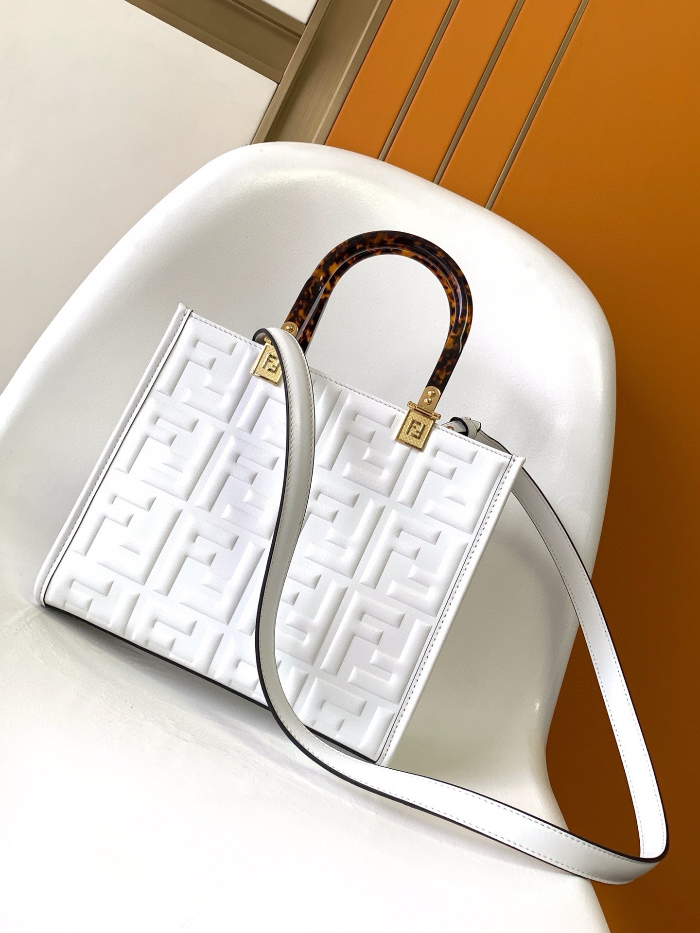 F**di sunshine small tote bag in white ff calfskin