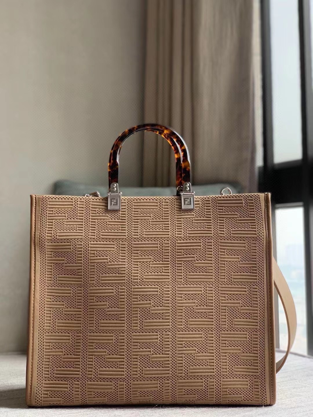 F**di sunshine medium shopper bag in beige ff fabric