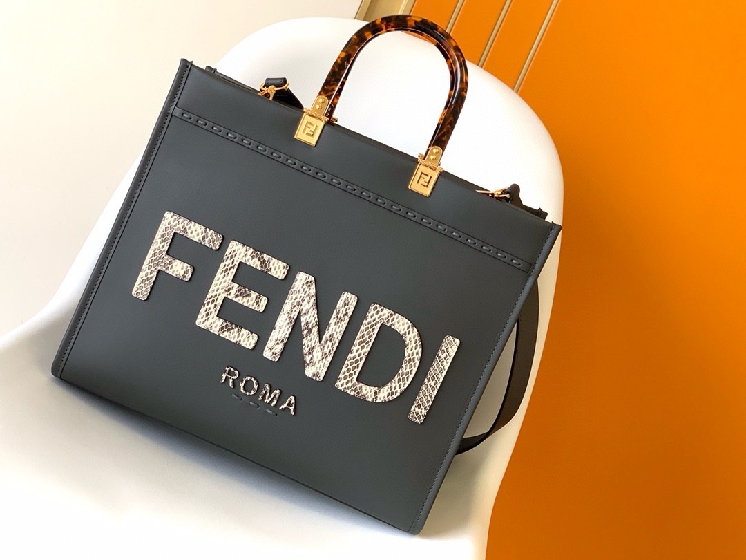 F**di sunshine medium tote bag in black leather with python logo