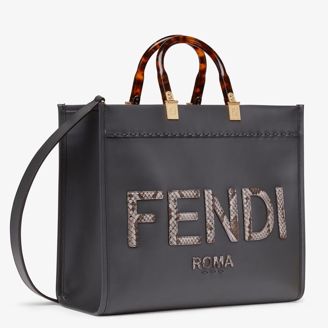 F**di sunshine medium tote bag in black leather with python logo
