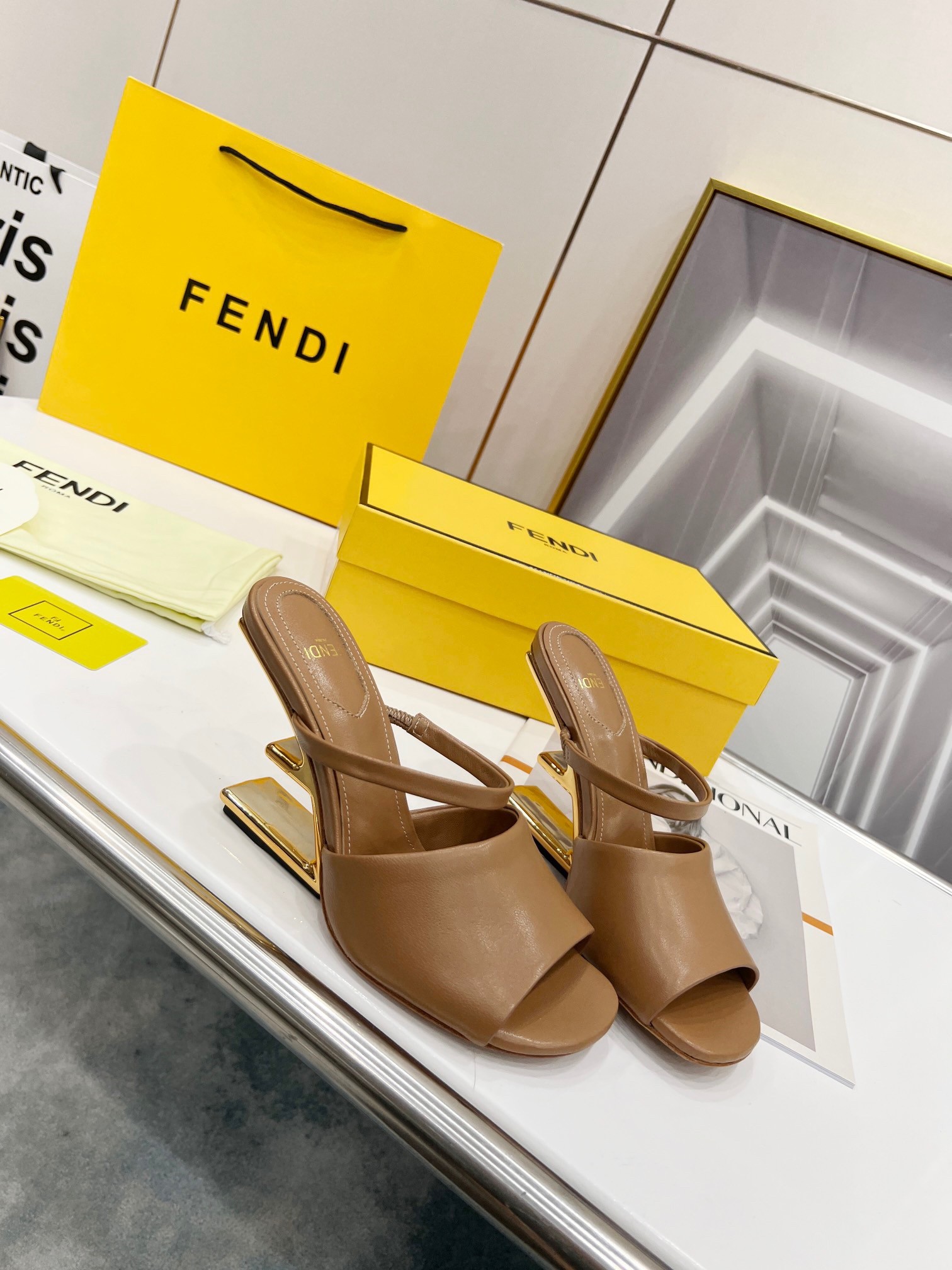 F**di first sandals 95mm in light brown calfskin