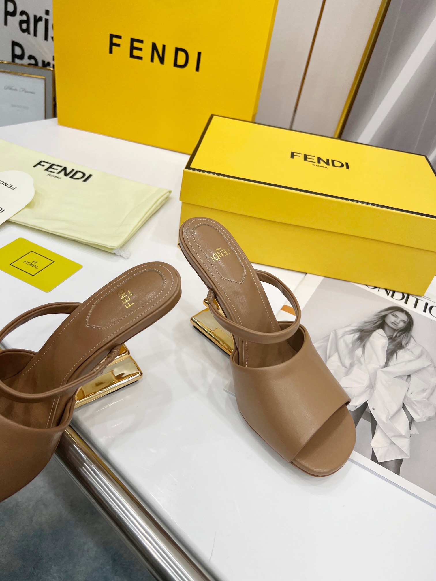F**di first sandals 95mm in light brown calfskin