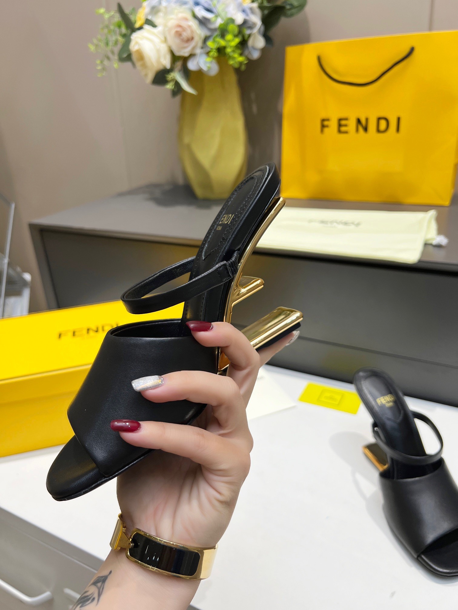 F**di first sandals 95mm in black calfskin