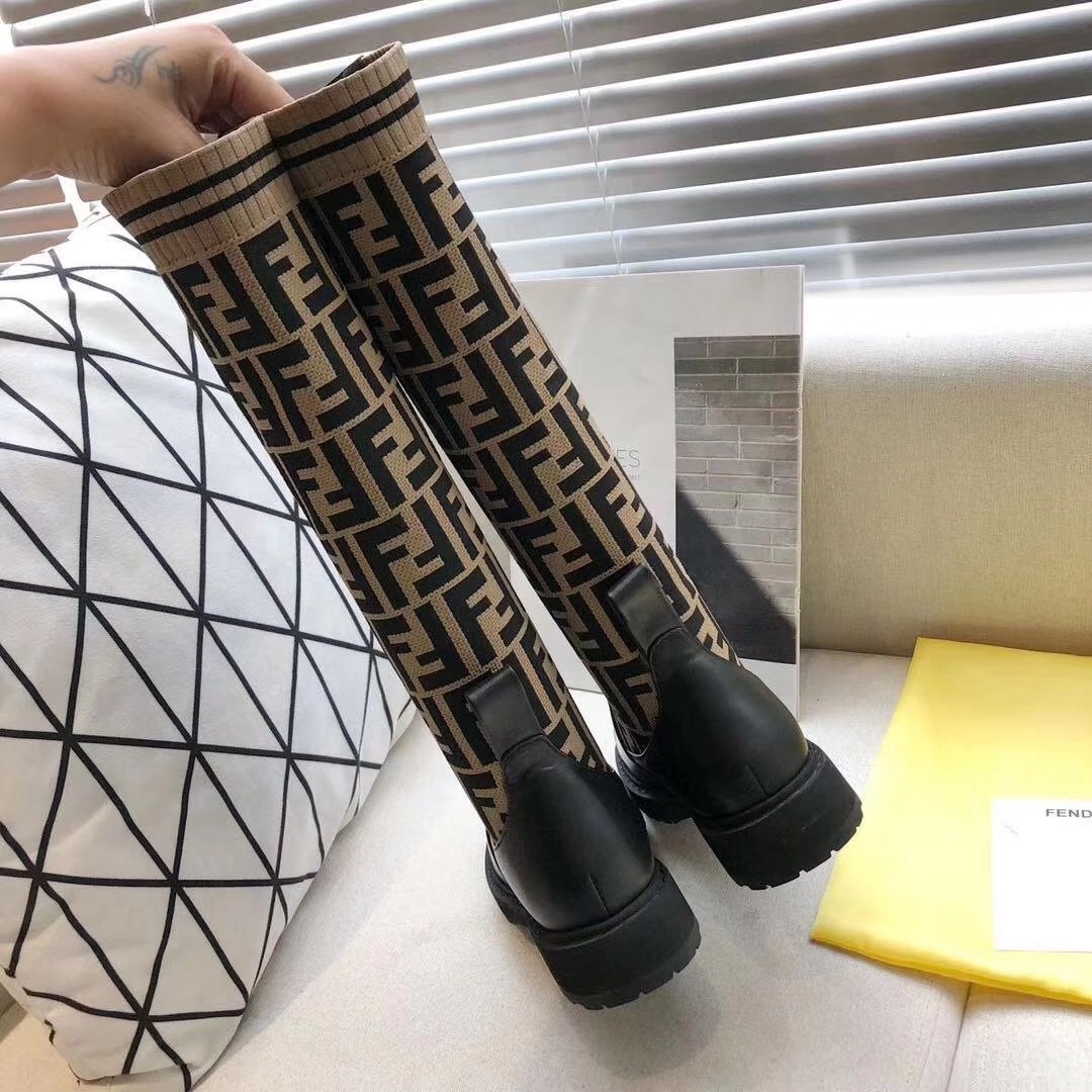 F**di rockoko high boots in leather with ff fabric