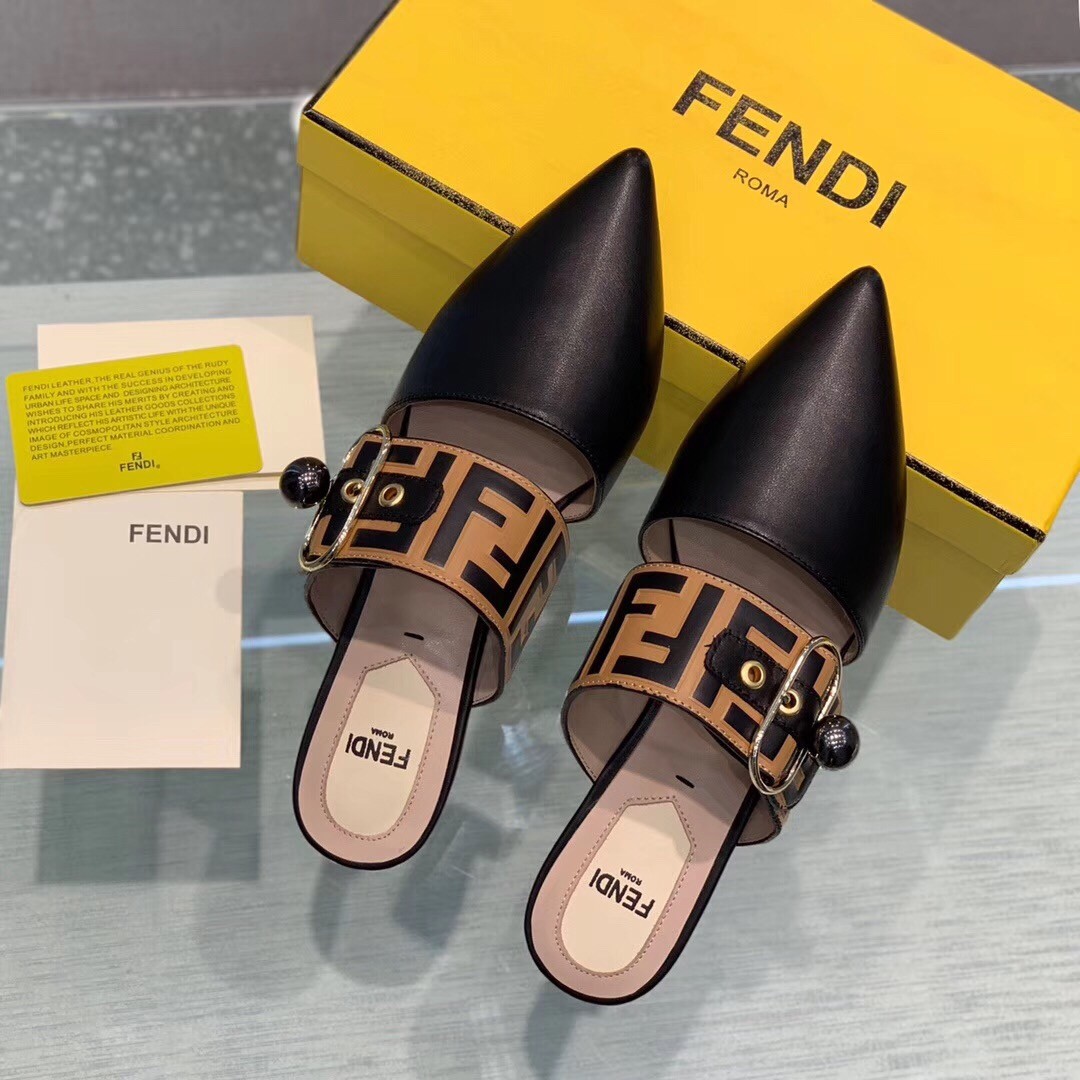 F**di black sabots sandals with metal-plated pearl