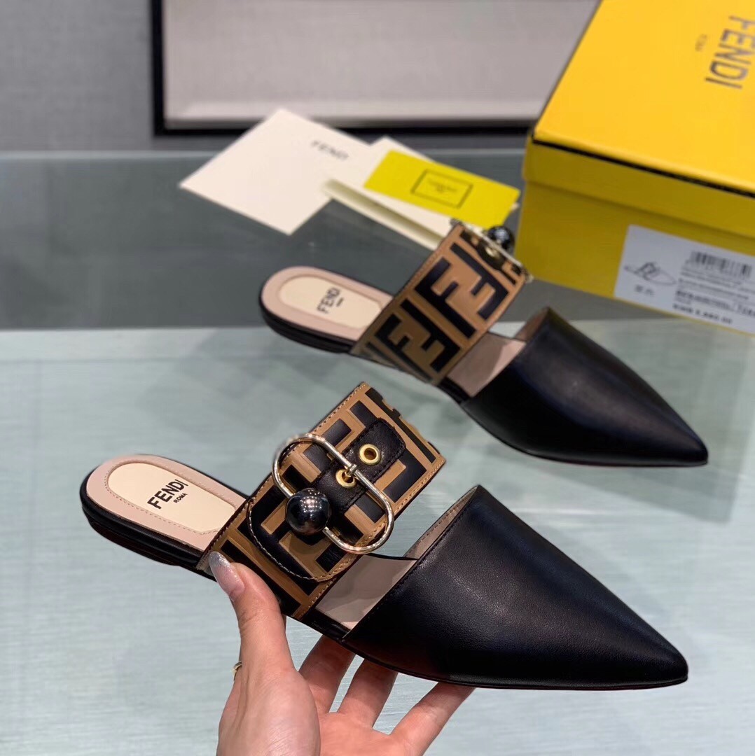 F**di black sabots sandals with metal-plated pearl