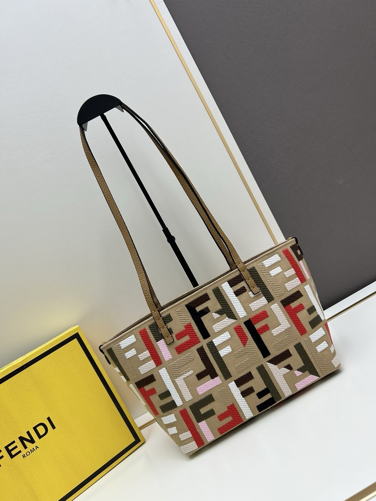 F**di small roll tote in canvas with multicolor ff embroidery