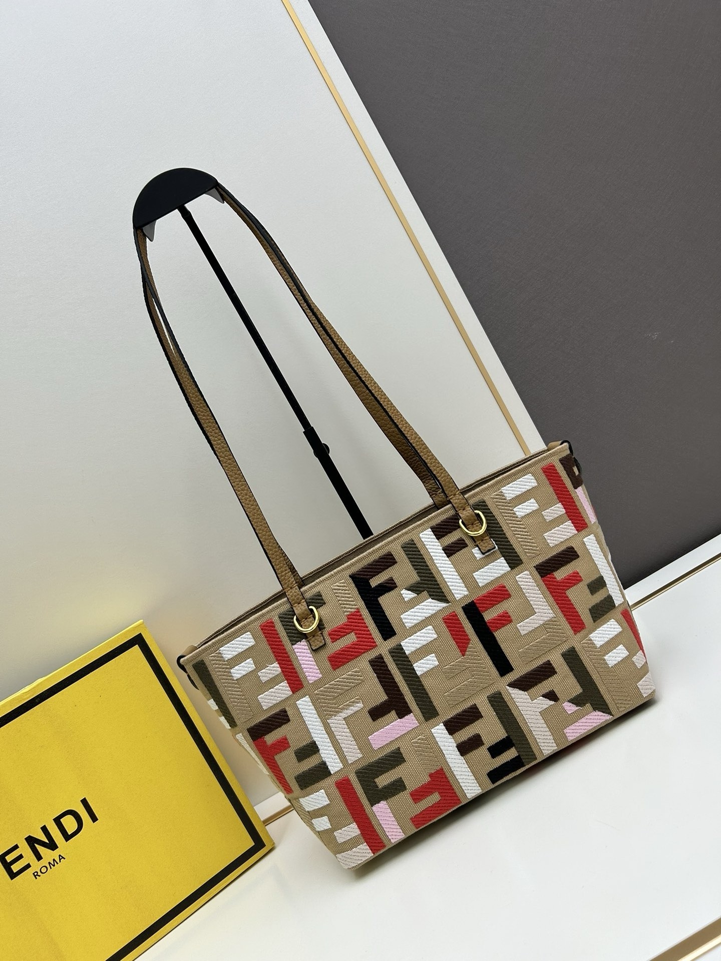 F**di small roll tote in canvas with multicolor ff embroidery