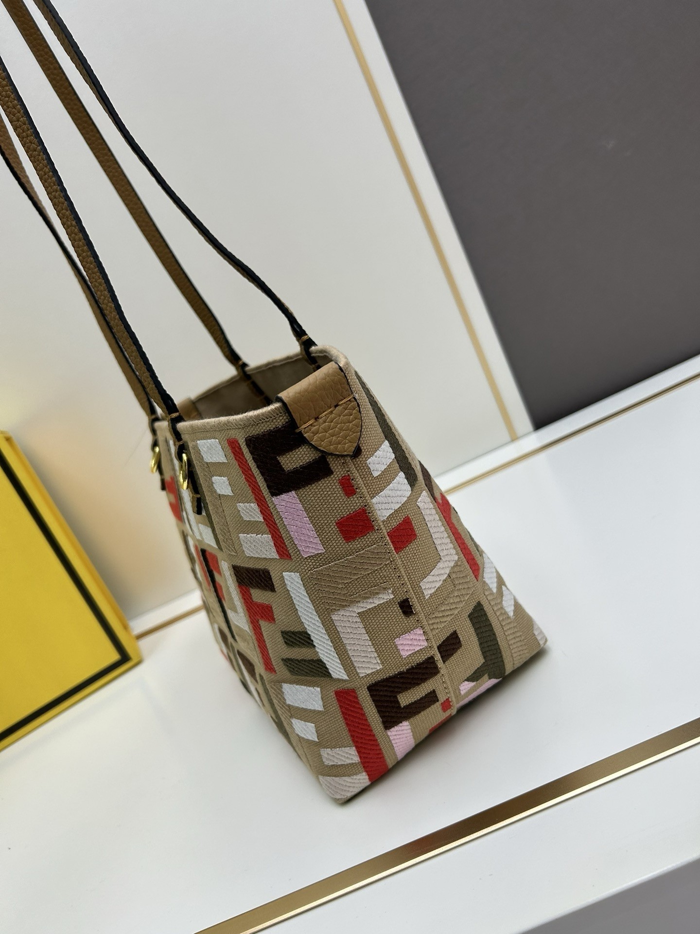 F**di small roll tote in canvas with multicolor ff embroidery