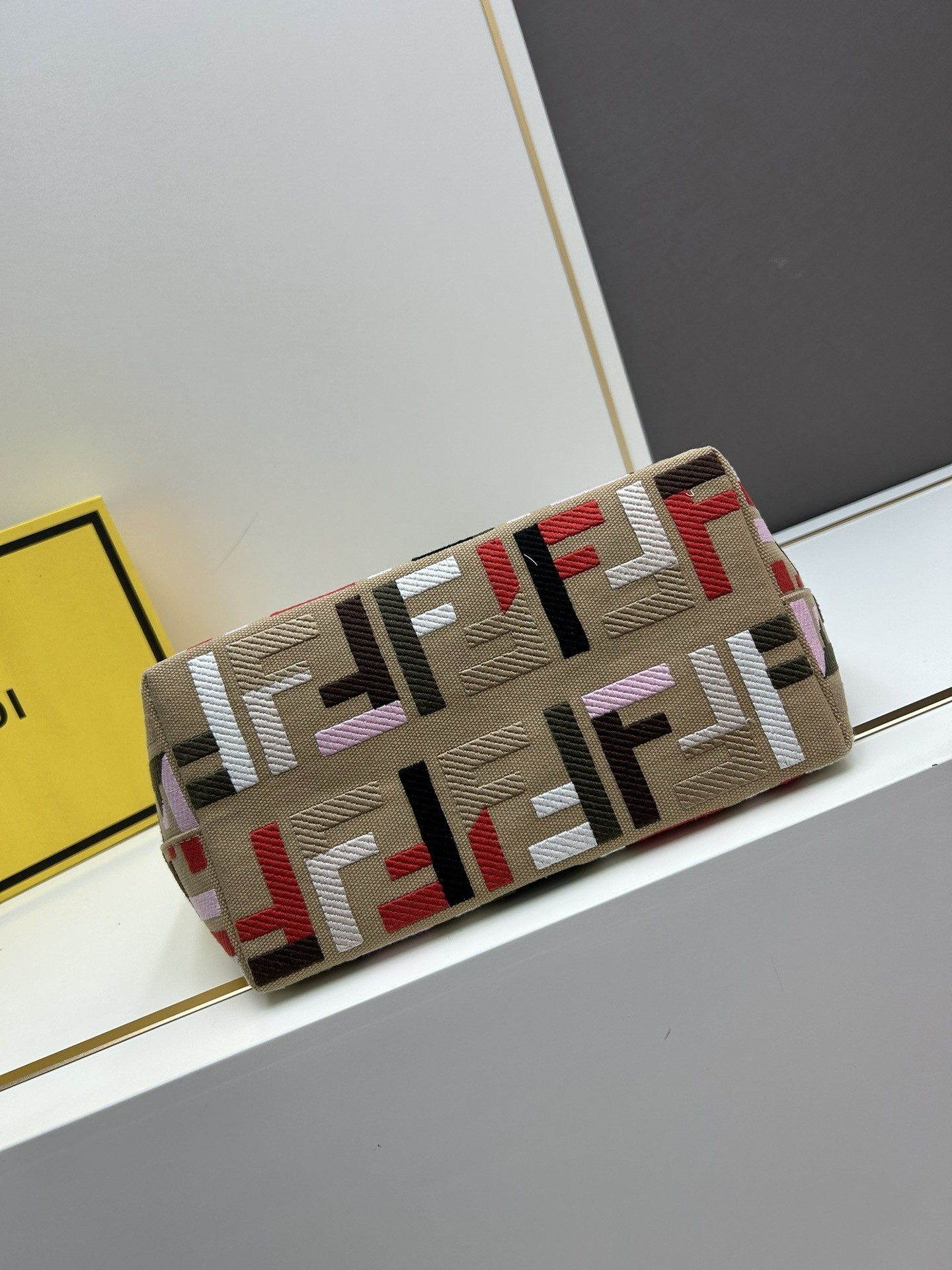 F**di small roll tote in canvas with multicolor ff embroidery