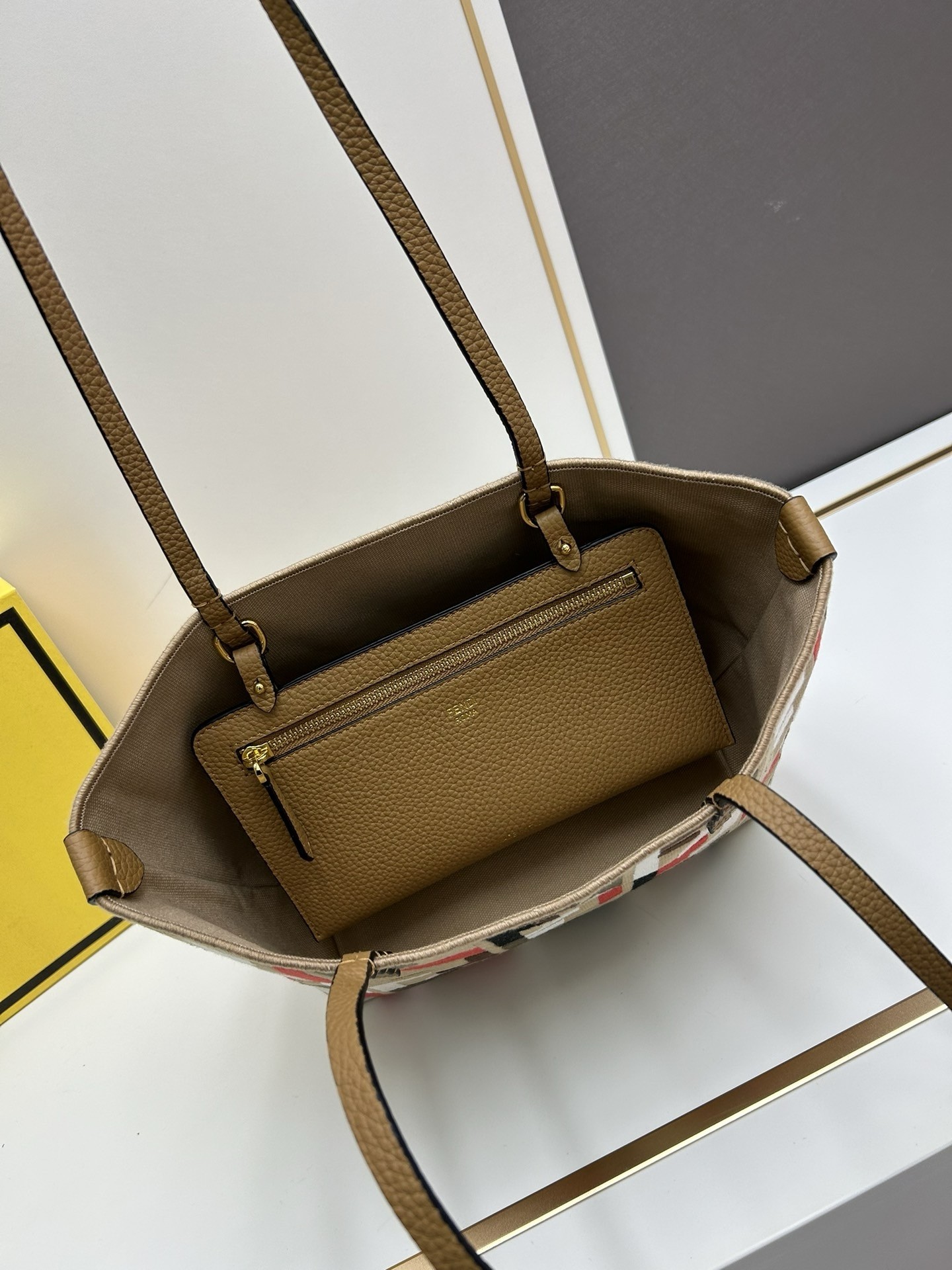 F**di small roll tote in canvas with multicolor ff embroidery