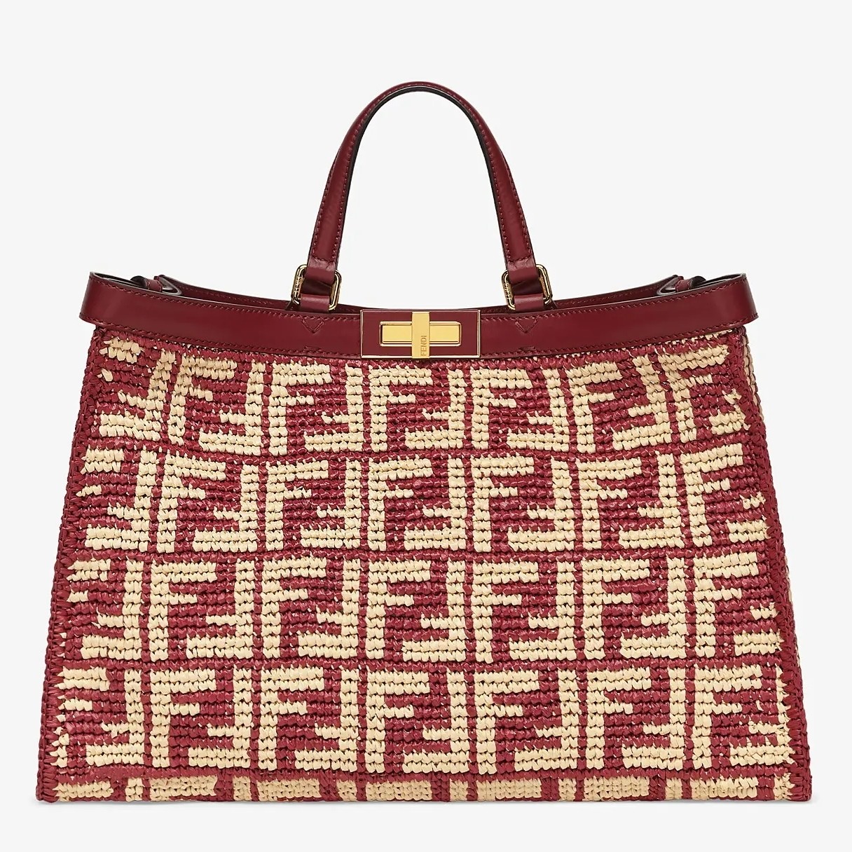 F**di peekaboo x-tote shopper in burgundy ff raffia