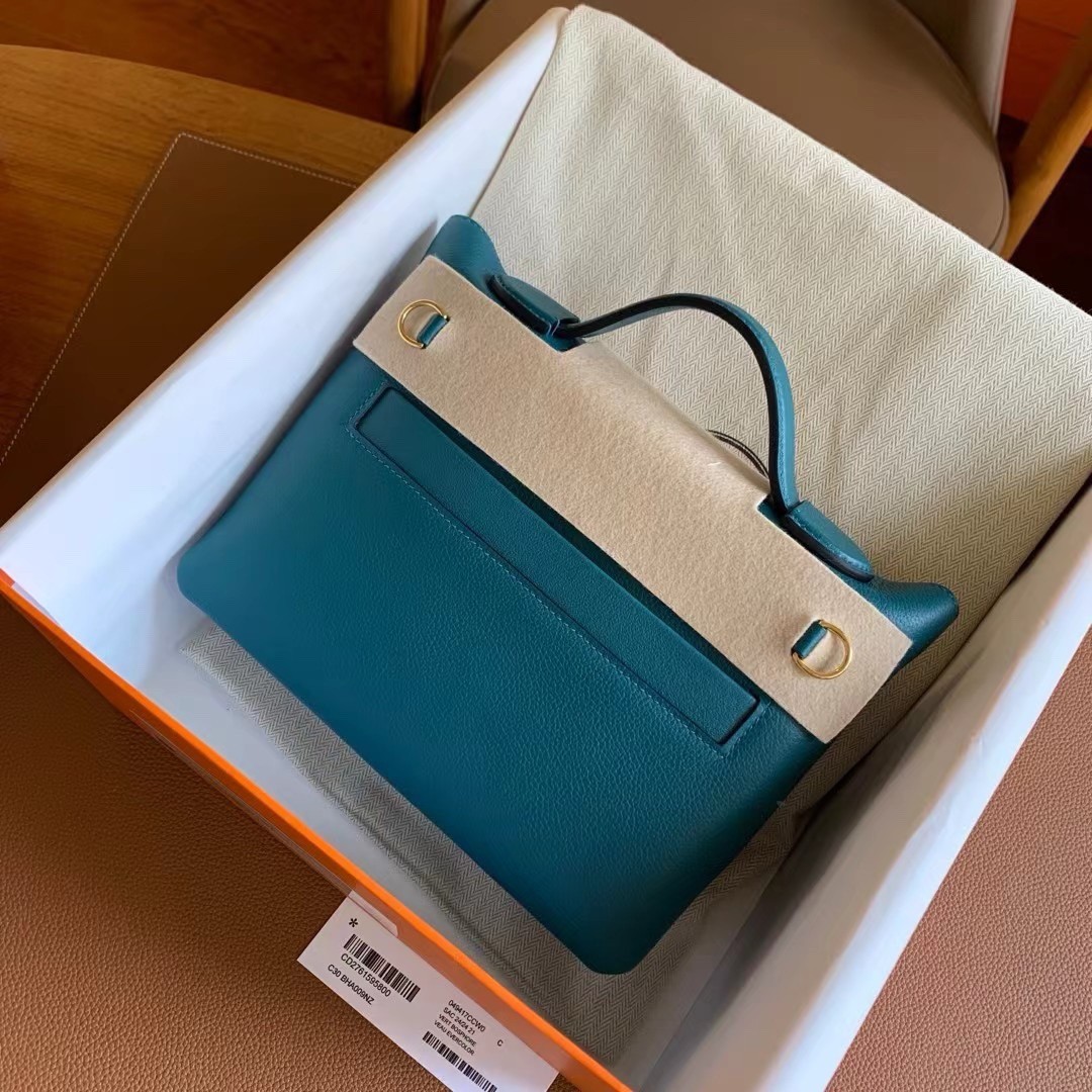 H**mes 24/24 mini 21 handmade bag in vert bosphore evercolor leather