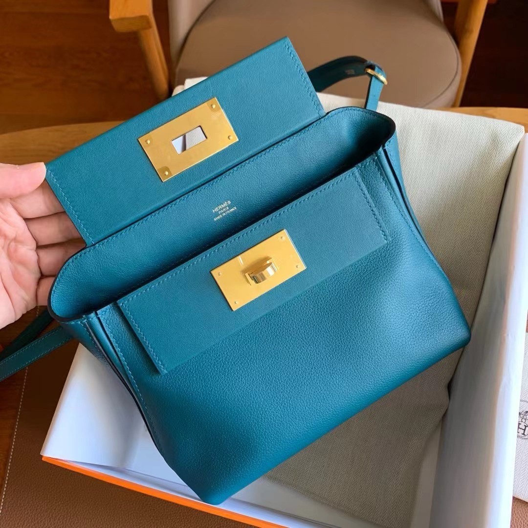 H**mes 24/24 mini 21 handmade bag in vert bosphore evercolor leather