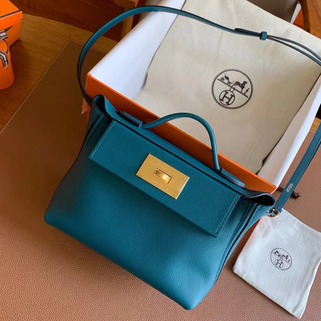 H**mes 24/24 mini 21 handmade bag in vert bosphore evercolor leather