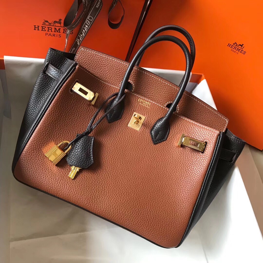 H**mes bi-color birkin 25cm bag in brown/black clemence leather