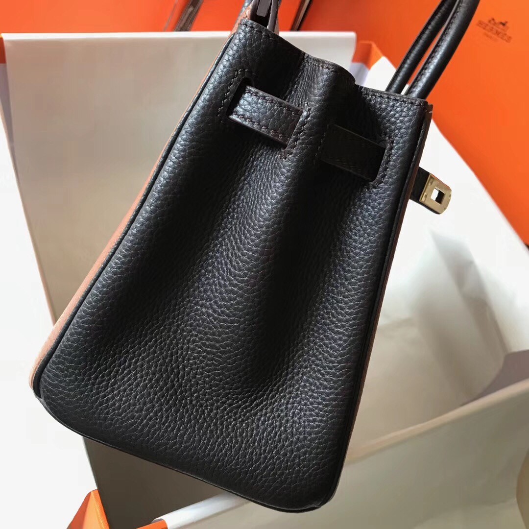 H**mes bi-color birkin 25cm bag in brown/black clemence leather