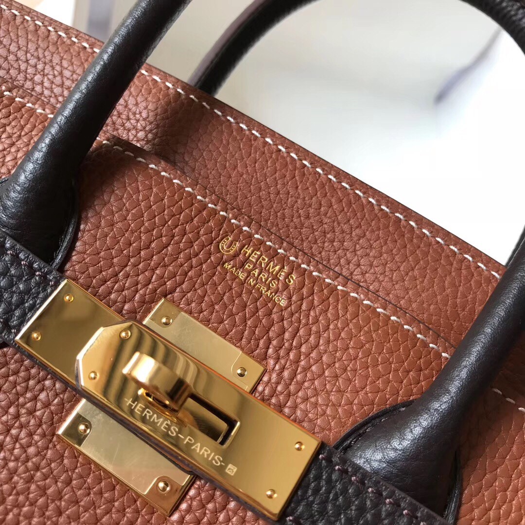 H**mes bi-color birkin 25cm bag in brown/black clemence leather