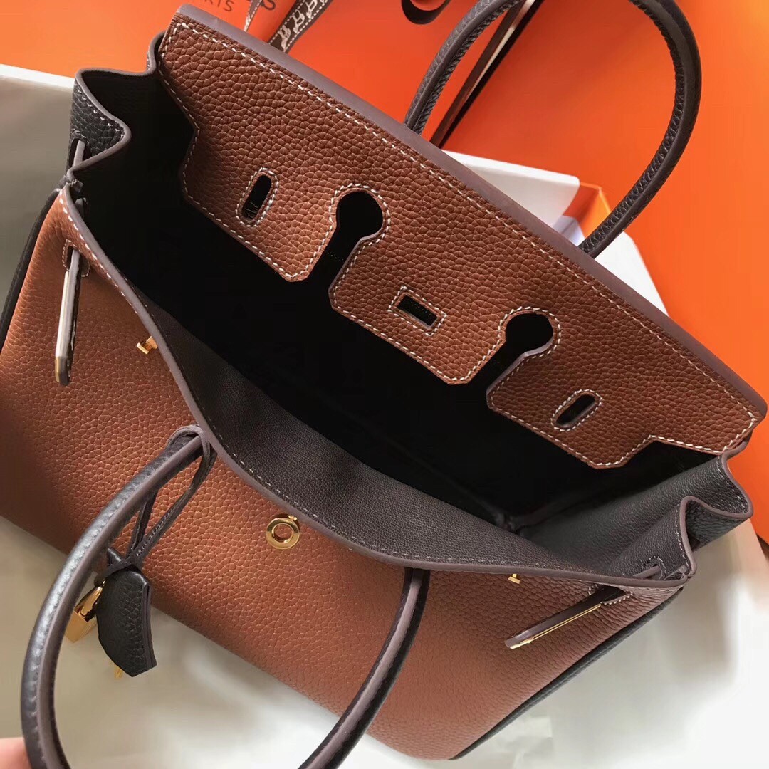 H**mes bi-color birkin 25cm bag in brown/black clemence leather