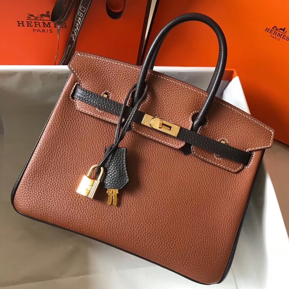 H**mes bi-color birkin 25cm bag in brown/black clemence leather