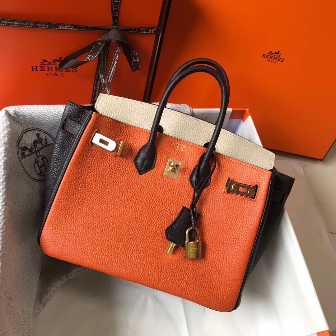 H**mes tri-color birkin 25cm bag in orange/white/black clemence leather