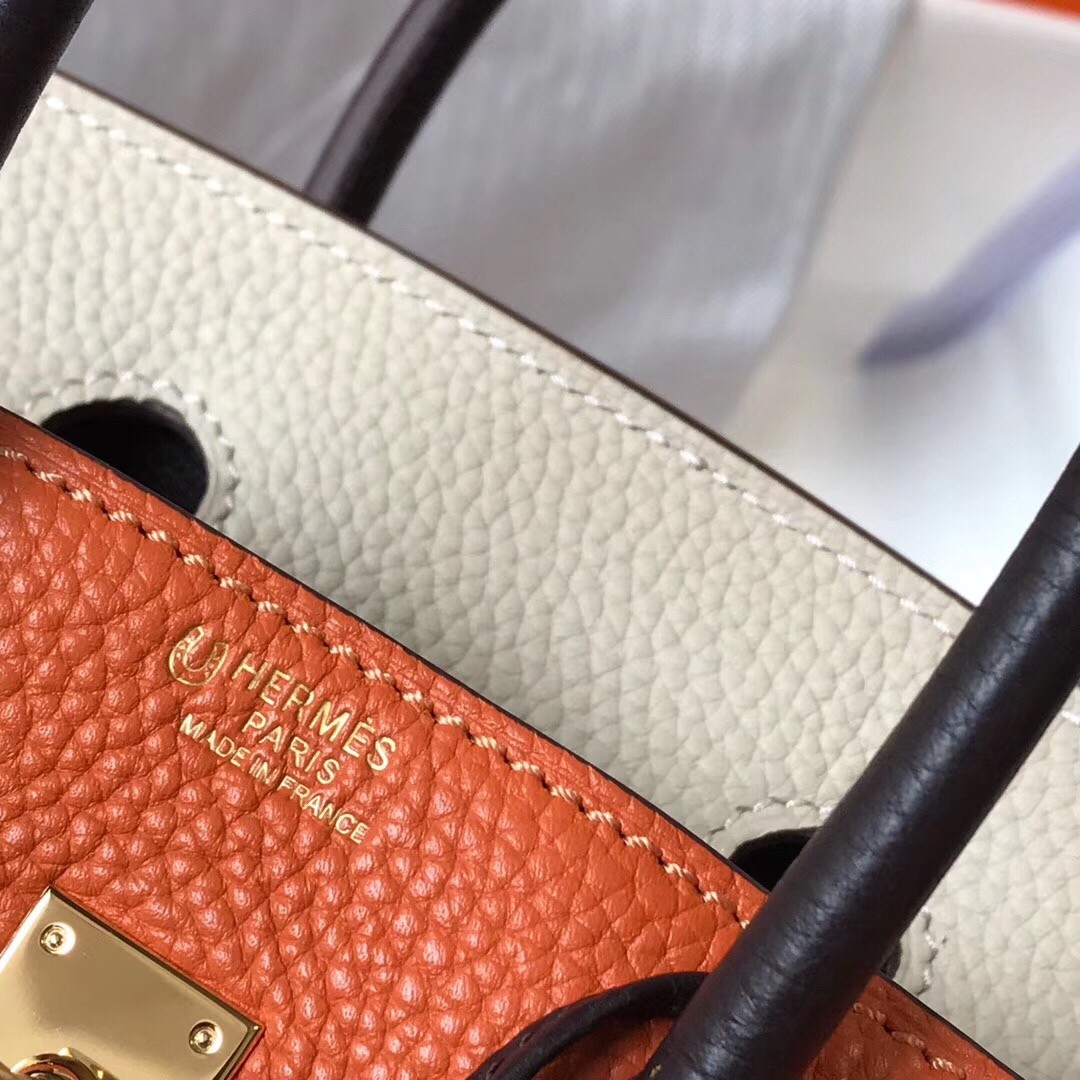 H**mes tri-color birkin 25cm bag in orange/white/black clemence leather