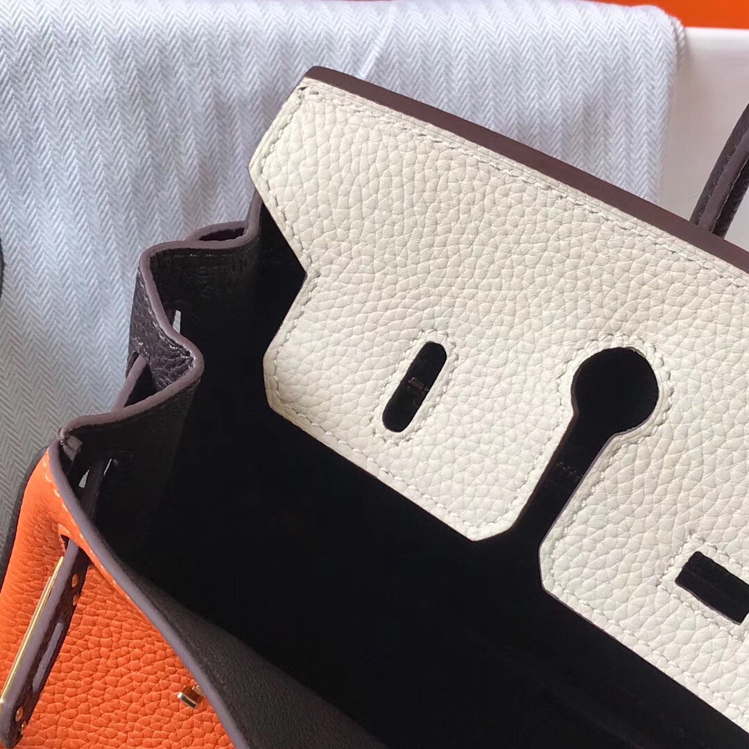 H**mes tri-color birkin 25cm bag in orange/white/black clemence leather