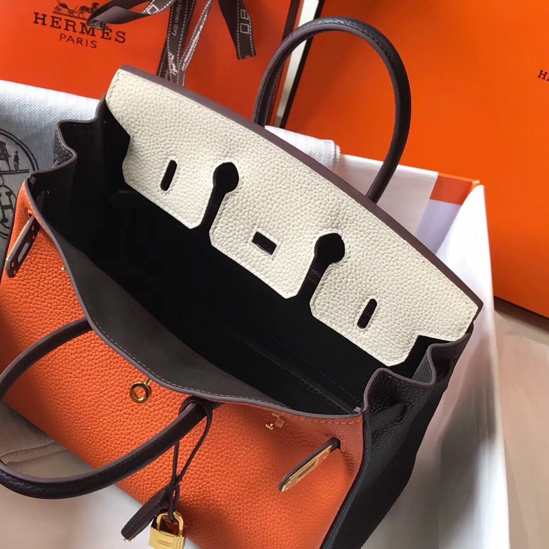 H**mes tri-color birkin 25cm bag in orange/white/black clemence leather